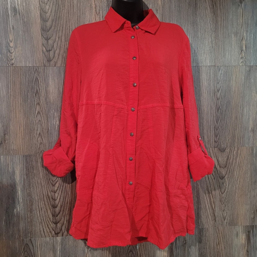 JOHN MARK Decorative Button Front Tunic Oversize Small Red Roll Tab Slv Pockets